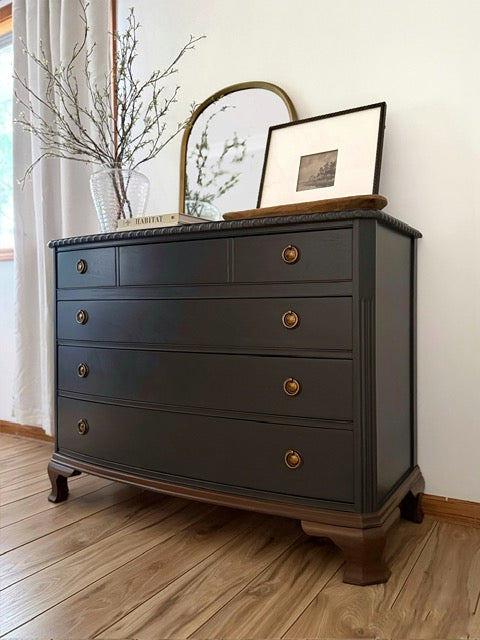 Refinished Drexel dresser in Black Beauty black finish with neutral wood Base, modern vintage bedroom furniture