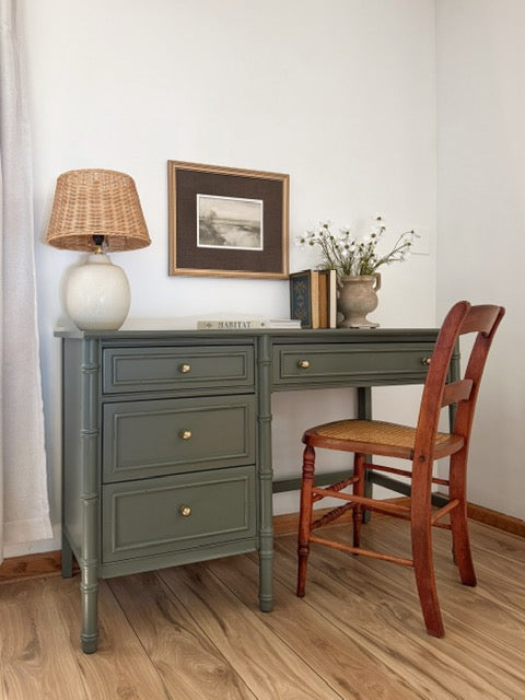 Vintage Bamboo Style Writing Desk Painted in Benjamin Moore Vintage Vogue | Antique Cane Chair