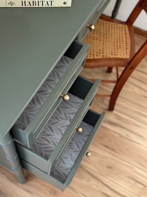 Vintage Bamboo Style Writing Desk Painted in Benjamin Moore Vintage Vogue | Antique Cane Chair