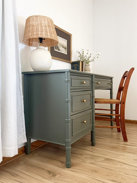 Vintage Bamboo Style Writing Desk Painted in Benjamin Moore Vintage Vogue | Antique Cane Chair