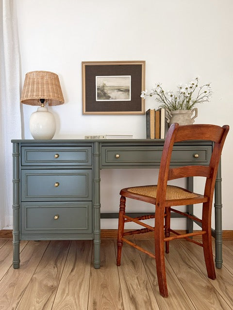Vintage Bamboo Style Writing Desk Painted in Benjamin Moore Vintage Vogue | Antique Cane Chair