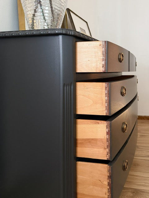SOLD Drexel Chest of Drawers – Professionally Painted in Black Beauty (2129-10) with Satin Finish and New Hardware