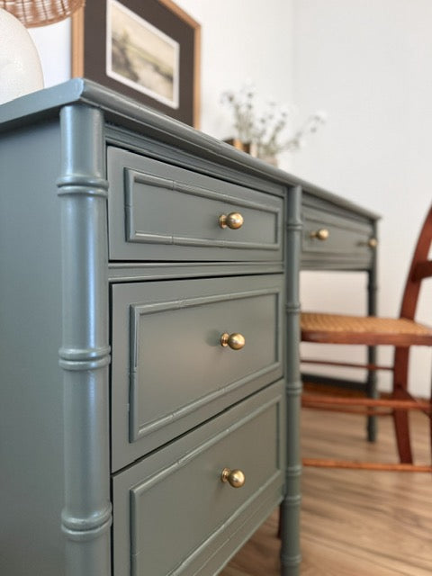 Vintage Bamboo Style Writing Desk Painted in Benjamin Moore Vintage Vogue | Antique Cane Chair