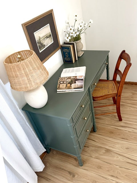 Vintage Bamboo Style Writing Desk Painted in Benjamin Moore Vintage Vogue | Antique Cane Chair