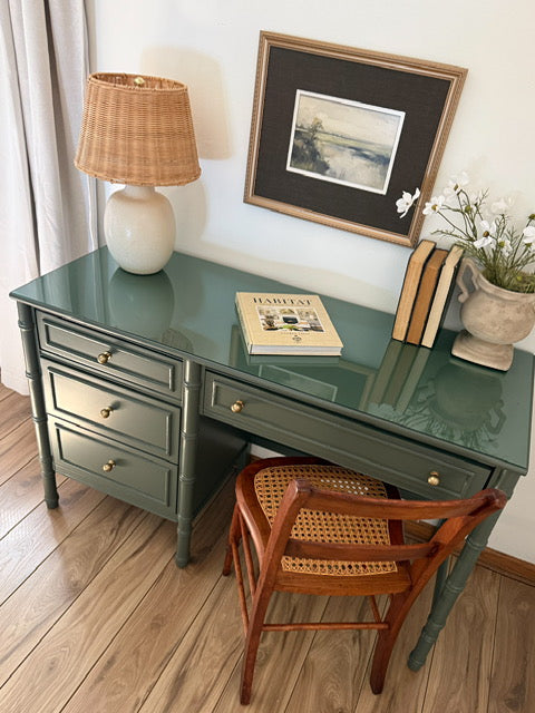 Vintage Bamboo Style Writing Desk Painted in Benjamin Moore Vintage Vogue | Antique Cane Chair
