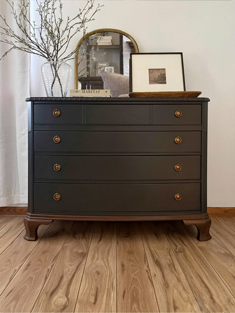 Vintage Drexel chest of drawers painted in Black Beauty with a smooth satin finish and updated hardware
Option 2 (your brand voice):